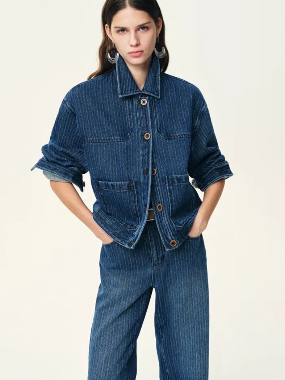 Fabrique Striped Washed Blue Pocket Jacket in Herringbone Denim | Size Small - Picture 3 of 11